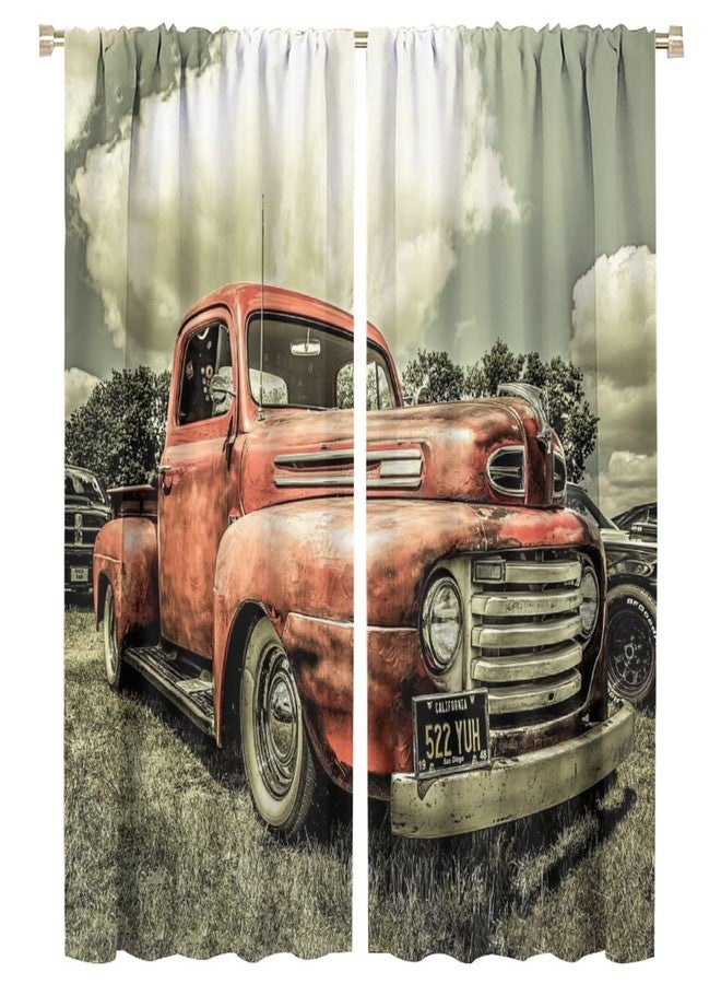 LOMADIA Vintage Car Curtains,Retro Rustic Truck Antique Red Old Truck Blackout Curtain Nursery Boys Girls Room Darkening Window Drapes, 2 Panels,52x84in - Image 1